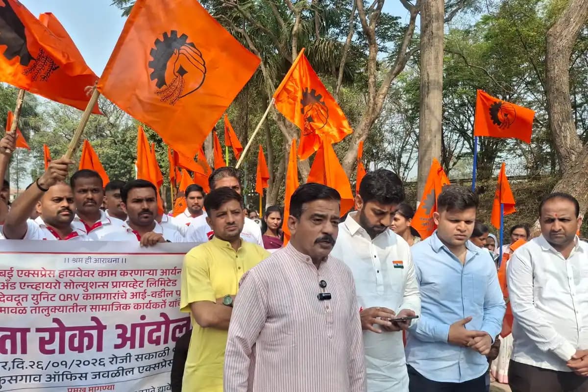 हाईवे के जीवनरक्षक कामगारों के हक के लिए कुसगांव में भारतीय मजदूर संघ का जोरदार आंदोलन