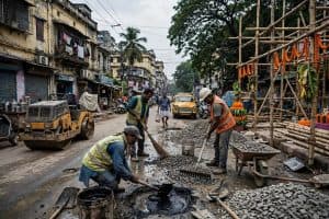 Kolkata road repair Durga Puja: दुर्गा पूजा से पहले कोलकाता की सड़कों की मरम्मत का काम शुरू हो गया है। 10 अक्टूबर तक शहर को गड्ढा-मुक्त बनाने का लक्ष्य है। जानें प्रमुख रूटों और सड़क मरम्मत की पूरी जानकारी।