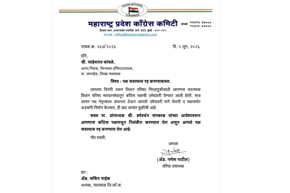 Maharashtra News: विधान परिषद चुनाव में नामांकन वापस लेने पर कांग्रेस ने दो नेताओं को पार्टी से निकाला