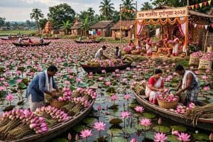 West Bengal Lotus production Durga Puja: पश्चिम बंगाल में इस बार कमल की बंपर पैदावार हुई है। दुर्गापूजा में ओडिशा से कमल मंगाने की जरूरत नहीं पड़ने की उम्मीद है, हालांकि बारिश से गेंदे और रजनीगंधा की फसल प्रभावित हुई है।
