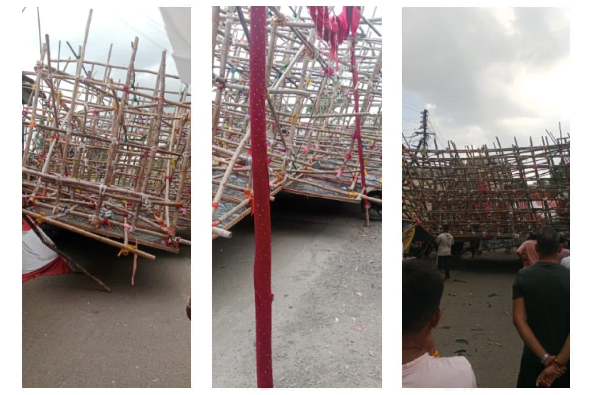 Nagpur Seminary Hills: Navshakti Durga Utsav Mandal का 45 फीट Wooden Gate ढहा, वाहन क्षतिग्रस्त – Police Action पर उठे सवाल